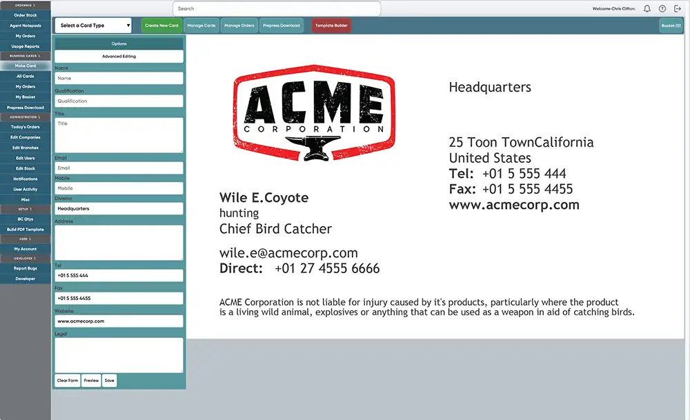 Alliance Online Ordering Businesscards screenshot